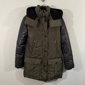 Mackage Women's Green Cynthia Black Leather Sleeve & Trim Parka Size XS